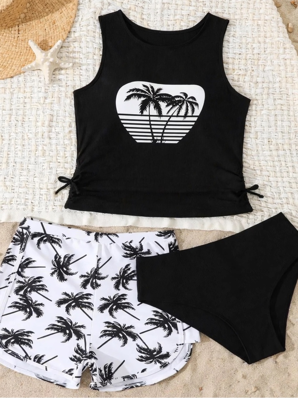 SHEIN Teen 15Y 3-Piece Tankini Swimsuit Set Black Palm Tree Tank, Shorts, Bottom